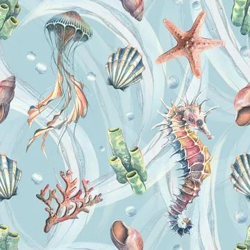 Seamless underwater pattern with jellyfish, seashells, seahorses and corals in Stock Illustration