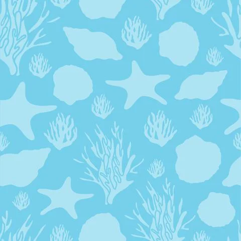 Seamless underwater pattern with starfish, seashell, coral silhouette Illustrazione stock