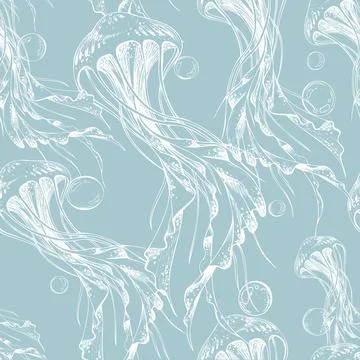 Seamless underwater pattern with white hand drawn jellyfish and water bubbles on Illustrazione stock