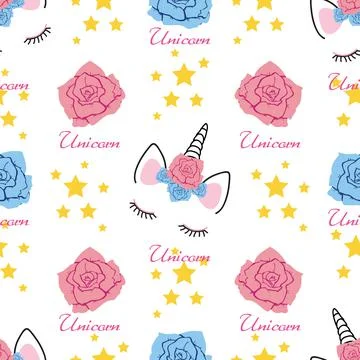 Seamless unicorn head pattern with roses and stars Stock Illustration