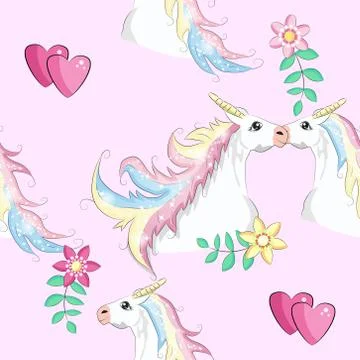 Seamless unicorn pattern. Magic background with cute unicorns, clouds and sta Illustrazione stock