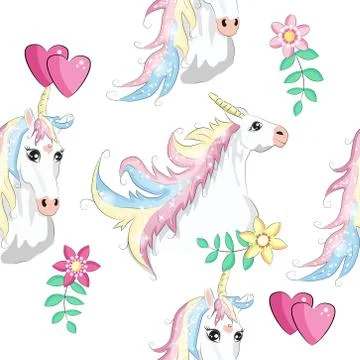 Seamless unicorn pattern. Magic background with cute unicorns, clouds and sta イラスト素材