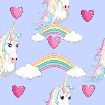Seamless unicorn pattern. Magic background with cute unicorns, clouds and sta Illustrazione stock