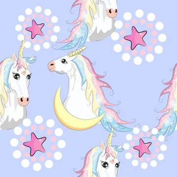 Seamless unicorn pattern. Magic background with cute unicorns, clouds and sta Stock Illustration