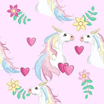 Seamless unicorn pattern. Magic background with cute unicorns, clouds and sta Stock Illustration