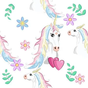 Seamless unicorn pattern. Magic background with cute unicorns, clouds and sta Stock Illustration