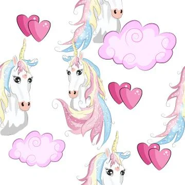 Seamless unicorn pattern. Magic background with cute unicorns, clouds and sta イラスト素材