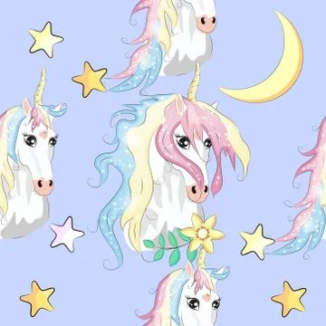 Seamless unicorn pattern. Magic background with cute unicorns, clouds and sta Stock Illustration