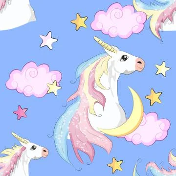 Seamless unicorn pattern. Magic background with cute unicorns, clouds and sta Stockillustratie