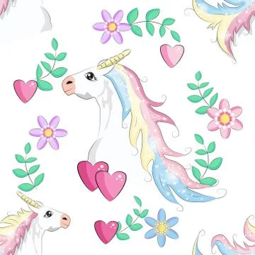 Seamless unicorn pattern. Magic background with cute unicorns, clouds and sta 스톡 일러스트
