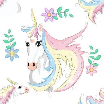Seamless unicorn pattern. Magic background with cute unicorns, clouds and sta Stock Illustration