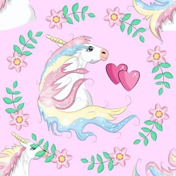 Seamless unicorn pattern. Magic background with cute unicorns, clouds and sta 스톡 일러스트