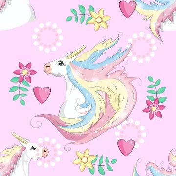 Seamless unicorn pattern. Magic background with cute unicorns, clouds and sta Illustrazione stock
