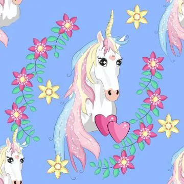 Seamless unicorn pattern. Magic background with cute unicorns, clouds and sta Stock Illustration