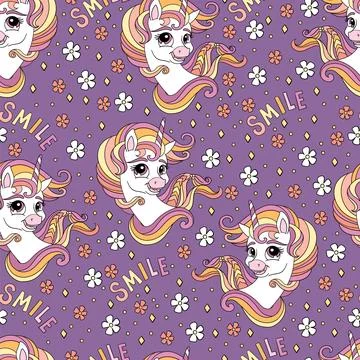 Seamless unicorns heads pattern on a purple background Stock Illustration