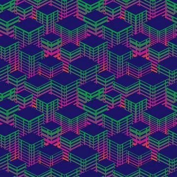 Seamless urban pattern. Isometric. Green neon colors. Night city lights. Stock Illustration