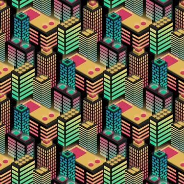 Seamless urban pattern. Isometric. green. neon. Night city lights. Stock Illustration