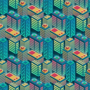 Seamless urban pattern. Isometric. neon colors. Night city lights. Stock Illustration