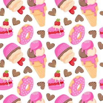 Seamless Valentine day dessert pattern with ice cream, donut, macaron and heart Stock Illustration