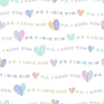 Seamless valentine day pattern background with  heart shape and word , p.s. i Stock Illustration