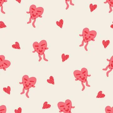 Seamless valentine day pattern background with cute heart mascot charactor ,  Stock Illustration
