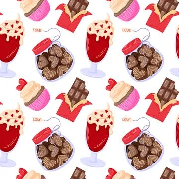Seamless Valentine Day pattern with chocolate candies, cupcake, drinks and red Stock Illustration