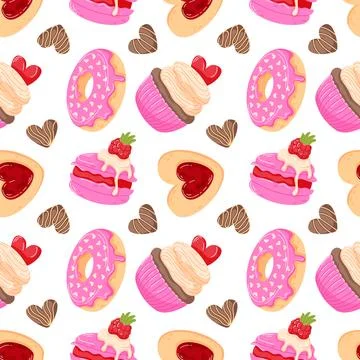 Seamless Valentine day pattern with donut, cupcake, macaron and linzer cookie 스톡 일러스트