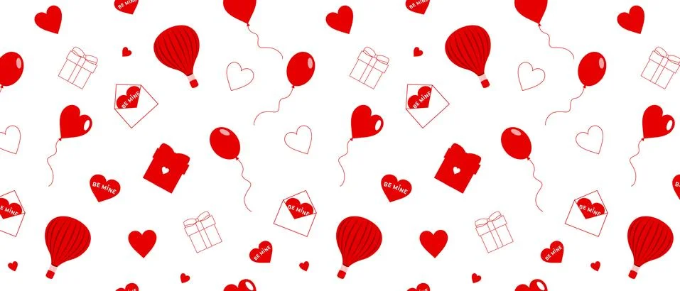 Seamless valentine day pattern with red hearts, balloons, messages, gift boxe Stock Illustration