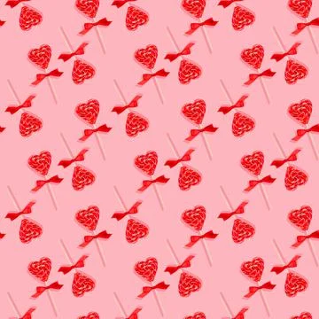 Seamless Valentine day pattern with red lollipop hearts and shadow on pastel  Stock Photos