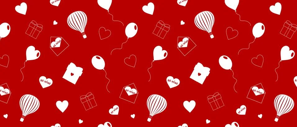 Seamless valentine day pattern with white hearts, balloons, messages, gift bo Stock Illustration