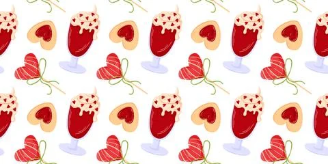 Seamless Valentine dessert pattern with heart cookie, berry cream drink and Stock Illustration