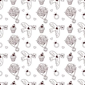 Seamless Valentine Doodle Pattern with Flowers, Birds, Rings and Romantic Stock Illustration