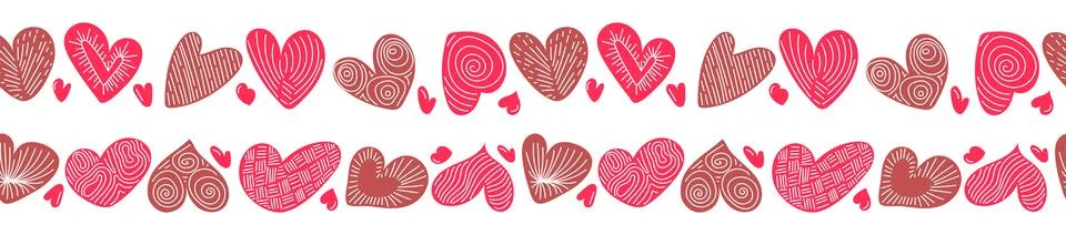 Seamless Valentine Heart Borders Vector Hand Drawn Set Stock Illustration