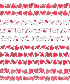 Seamless Valentine Heart Borders Vector Hand Drawn Love Quotes Set Stock Illustration