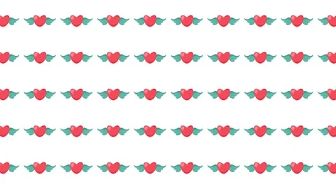Seamless Valentine Pattern with Cute Red Hearts and Wings on White Background Stock Footage 345539875