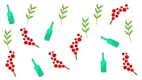 Seamless Valentine Pattern Featuring Teal Glass Wine Bottles Red Berries an.. Illustrazione stock
