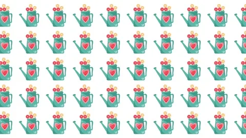 Seamless Valentine Pattern of Garden Watering Cans with Heart Icons and Flowers Stock Footage 345539836