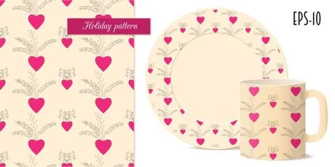 Seamless valentine pattern with hearts and dishes mockup Stock Illustration