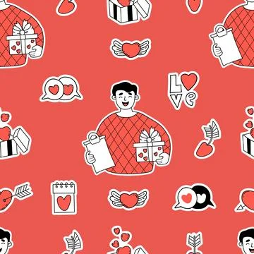 Seamless valentine pattern. Man courier with gift, symbols love, signs, hea.. Illustrazione stock