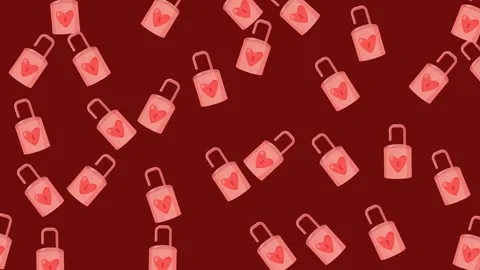 Seamless Valentine Pattern with Pink Heart Padlocks on Dark Red Background Stock Footage 345539914