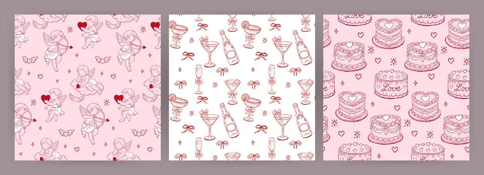 Seamless Valentine patterns with cupids, drinks and cakes Stock Illustration