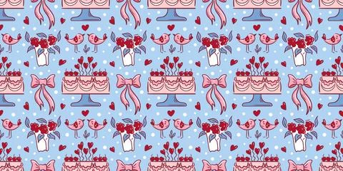 A seamless Valentine s Day pattern featuring Cakes, Roses, Bird Bows in a イラスト素材