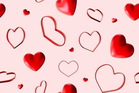 Seamless Valentines Day pattern with 3D red hearts in solid and outline style 스톡 사진
