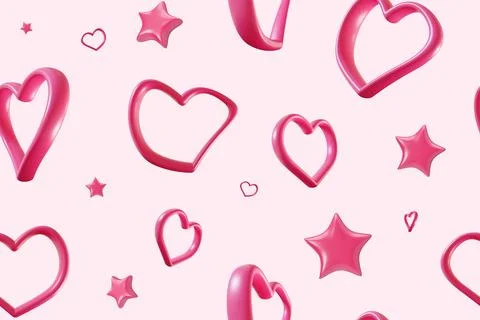 Seamless Valentines Day pattern with 3D pink stars and hearts in outline st.. Stock Photos