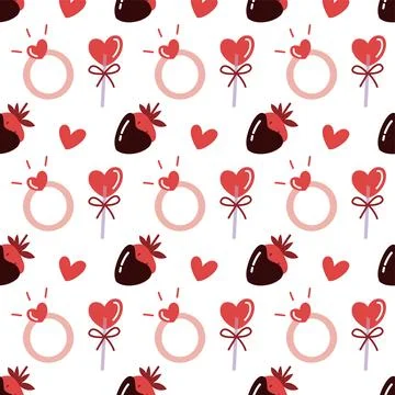 Seamless Valentines Day Pattern with Hearts, Rings, Chocolate Strawberries and Stock Illustration