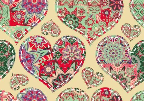 Seamless Valentine's Day pattern with pastel patchwork hearts Stock Illustration