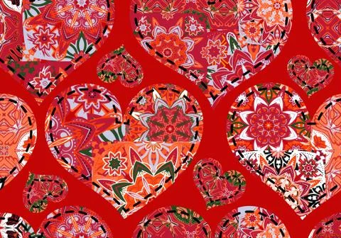 Seamless Valentine's Day pattern with pastel white red  gray patchwork hearts on Stock Illustration