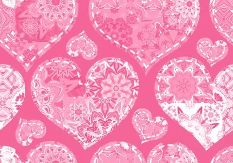 Seamless Valentine's Day pattern with pastel white pink patchwork hearts on pink Stock Illustration