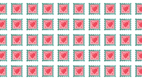 Seamless Valentine's Day Pattern of Pink Heart Postage Stamps on White Stock Footage 345539882