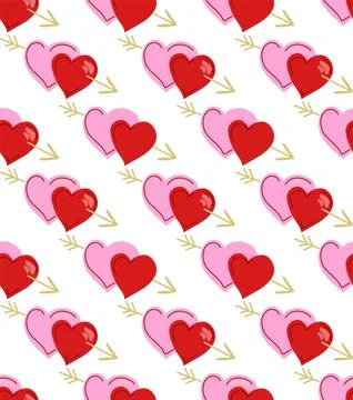 Seamless Valentine's Day pattern with red and pink hearts pierced by arrows.  Stock Illustration